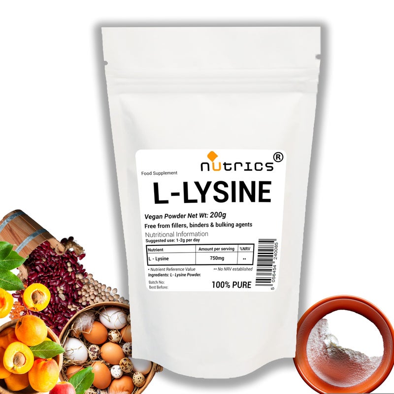 NutricsÂ® 75g L LYSINE V Powder 100% Pure - Free from fillers Binders & Bulking Agents - Vegan Vegeatarian - L-LYSINE Supplement